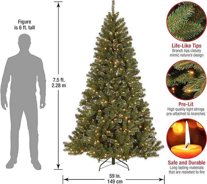National Dunhill Fir Christmas Tree with up to 1200 Clear Lights, Hinged, Stand included.