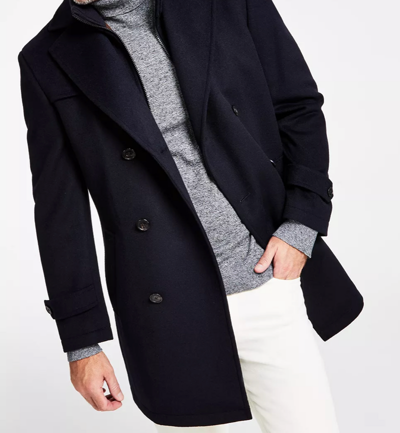 Men's Classic-Fit Navy Solid Double-Breasted Overcoat with Attached Bib
