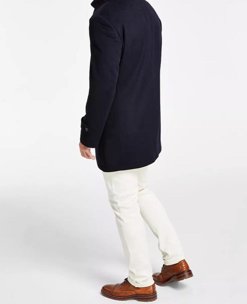 Men's Classic-Fit Navy Solid Double-Breasted Overcoat with Attached Bib