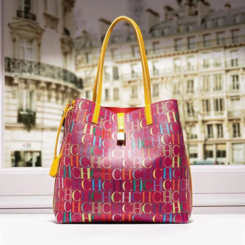 100% genuine leather big tote bag for women fashion ch print red