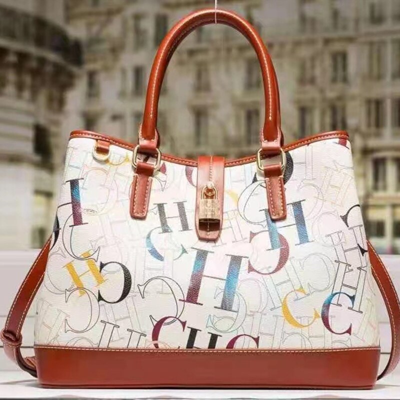 100% genuine women leather large tote ch printed messenger bag c