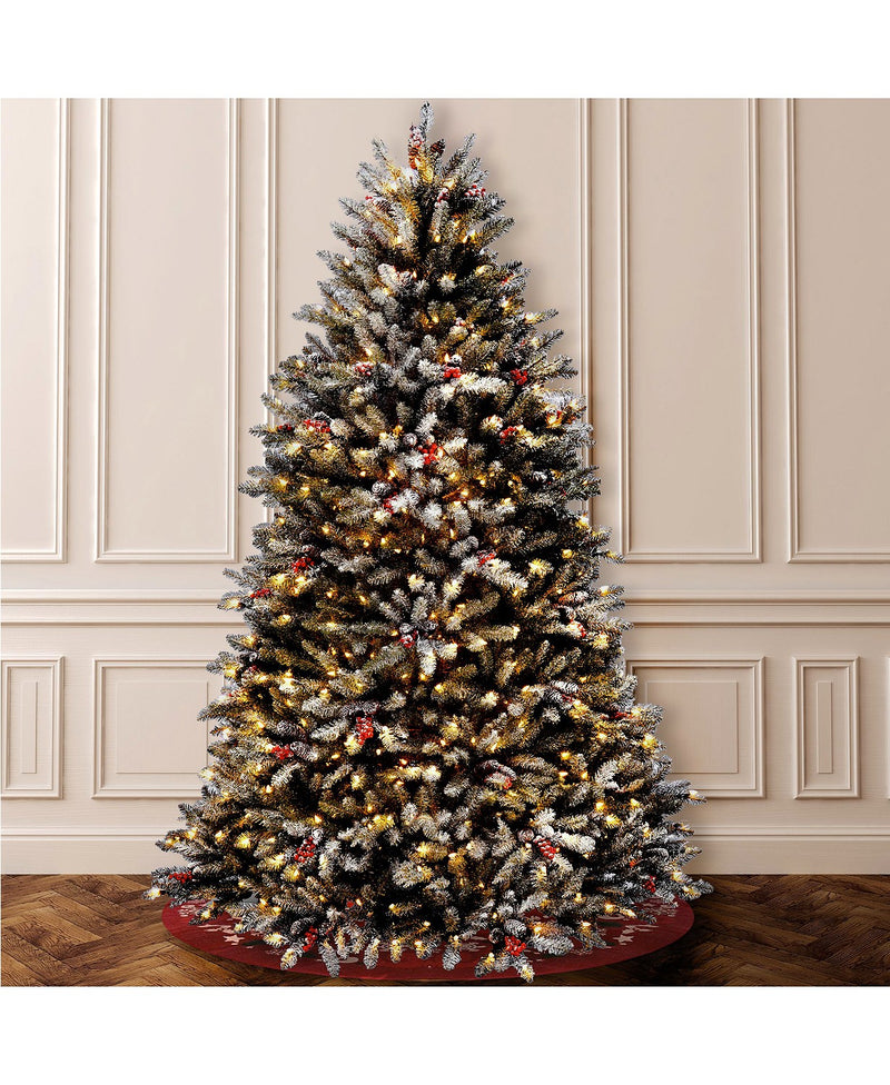 7 & 7.5 ft. dunhill® fir hinged tree with snow, red berries, cones & 750 clear lights 7.5