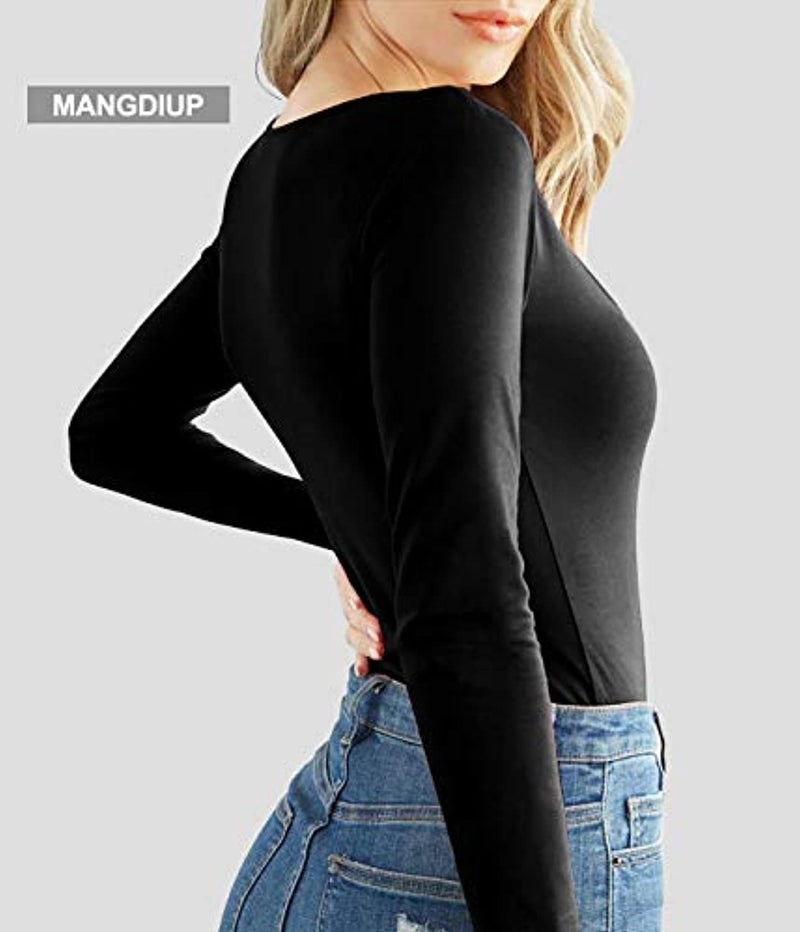 mangdiup women's scoop neck long sleeve basic bodysuits jumpsuits