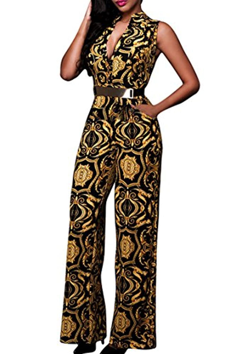 pink queen womens button up printed long wide leg pant party jumpsuits with belt