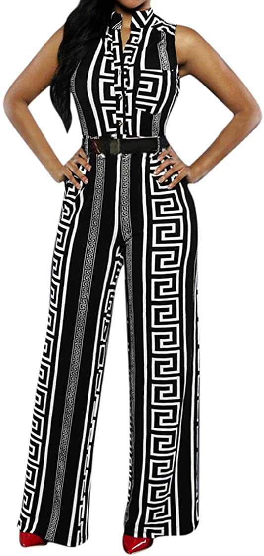 pink queen womens button up printed long wide leg pant party jumpsuits with belt