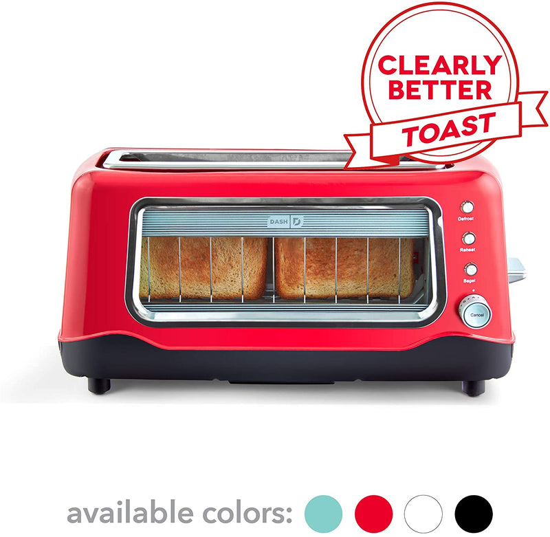 dash clear view toaster: extra wide slot toaster with stainless steel accents red