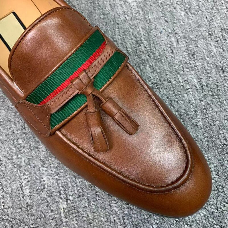 horsebit calf leather classic loafers  fashion tassel stripe web