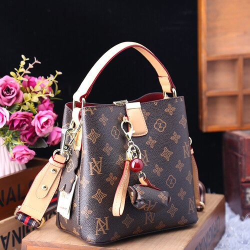 leather bucket bag for women new fashion lady purse and handbag designer coffee / 30cm 10cm 21cm
