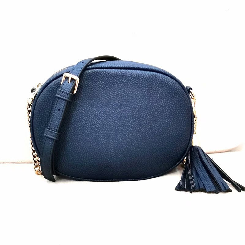oval cross body women bags top quality lychee pattern pu leather tassel bag dark blue