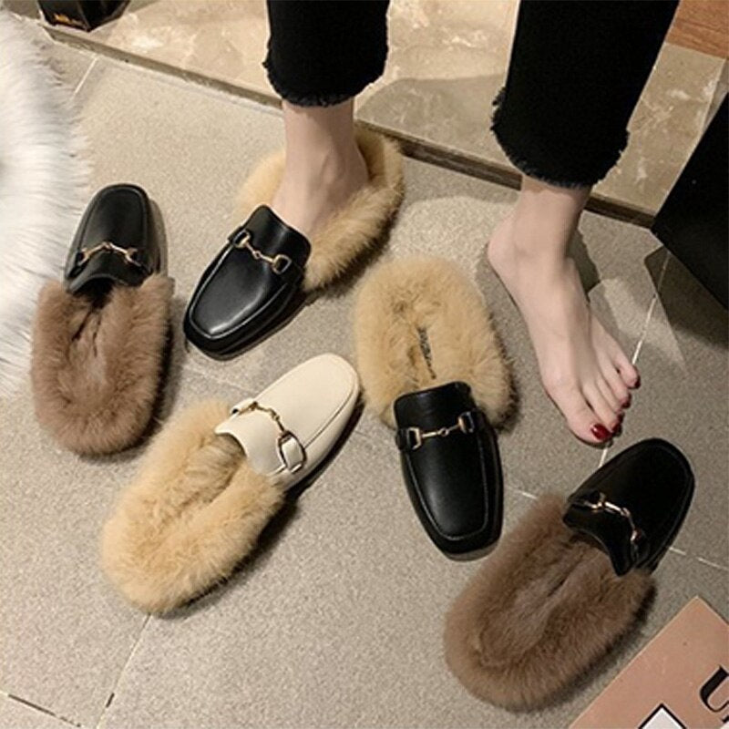 plush women mules slippers slip on warm woman slipper faux fur flat