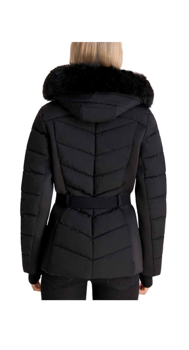 belt faux-fur trim hooded puffer coat