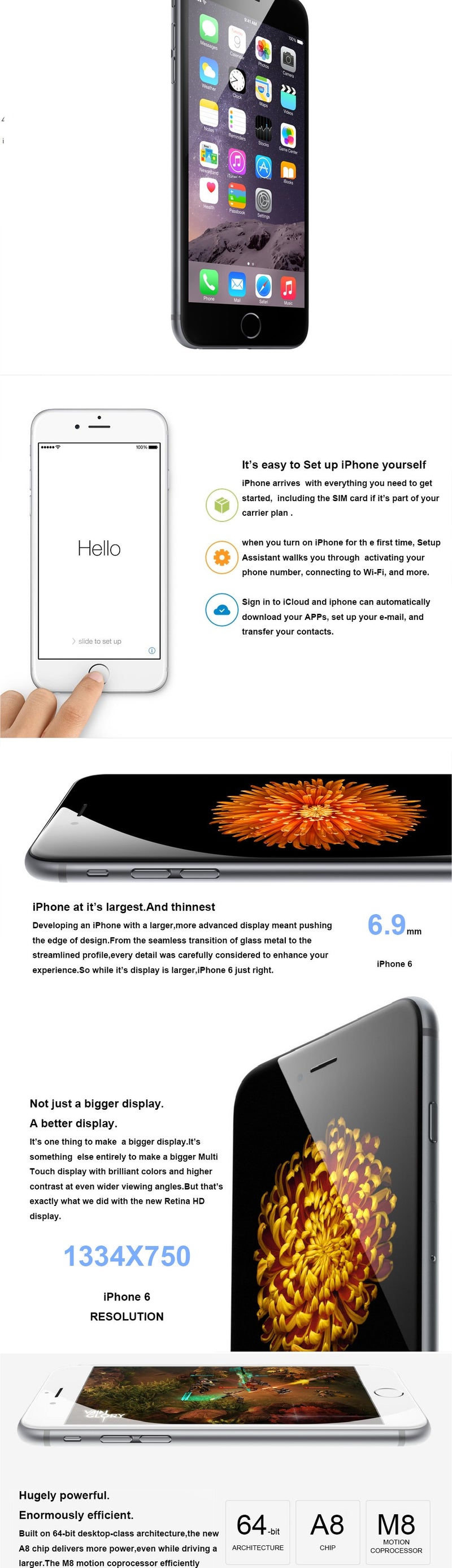 unlocked apple iphone 6 dual core ios mobile phone 4.7' ips 1gb
