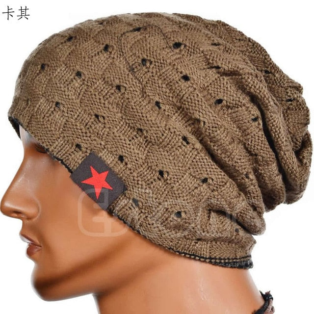 winter warm men star skull chunky hat women knit beanie reversible baggy snow cap male oversize cap warm causal accessories khaki / one size