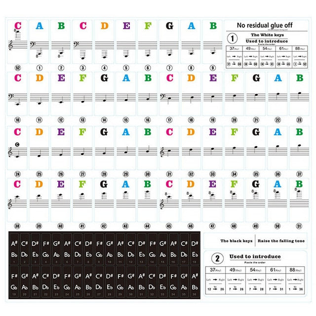 transparent detachable music decal notes piano keyboard stickers 54/61 or 88-key colorful