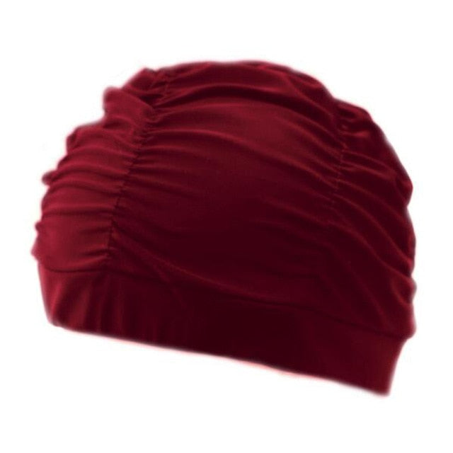 swimming hat women girls long hair bathing cap swimming cap pleated wine red