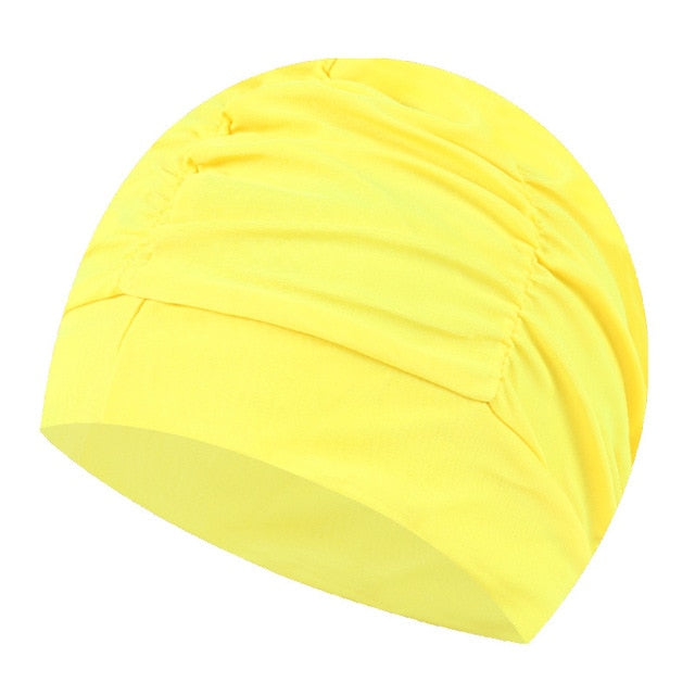 swimming hat women girls long hair bathing cap swimming cap pleated yellow