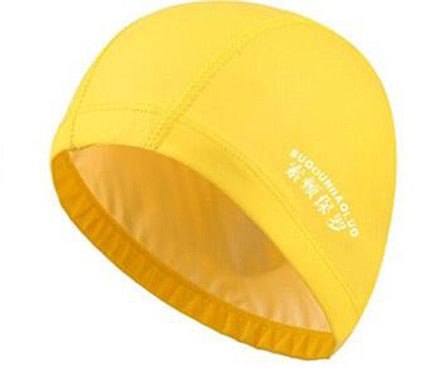 elastic waterproof pu fabric protect ears long hair sports swim pool hat yellow