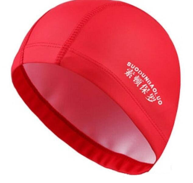 elastic waterproof pu fabric protect ears long hair sports swim pool hat red