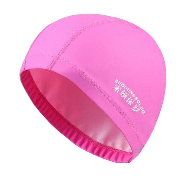 elastic waterproof pu fabric protect ears long hair sports swim pool hat hot pink