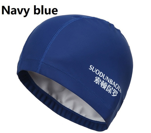 elastic waterproof pu fabric protect ears long hair sports swim pool hat navy blue