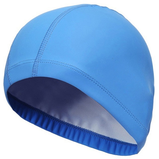 elastic waterproof pu fabric protect ears long hair sports swim pool hat solid blue