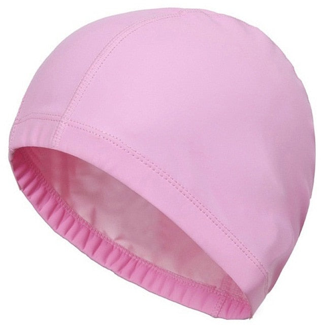 elastic waterproof pu fabric protect ears long hair sports swim pool hat solid pink