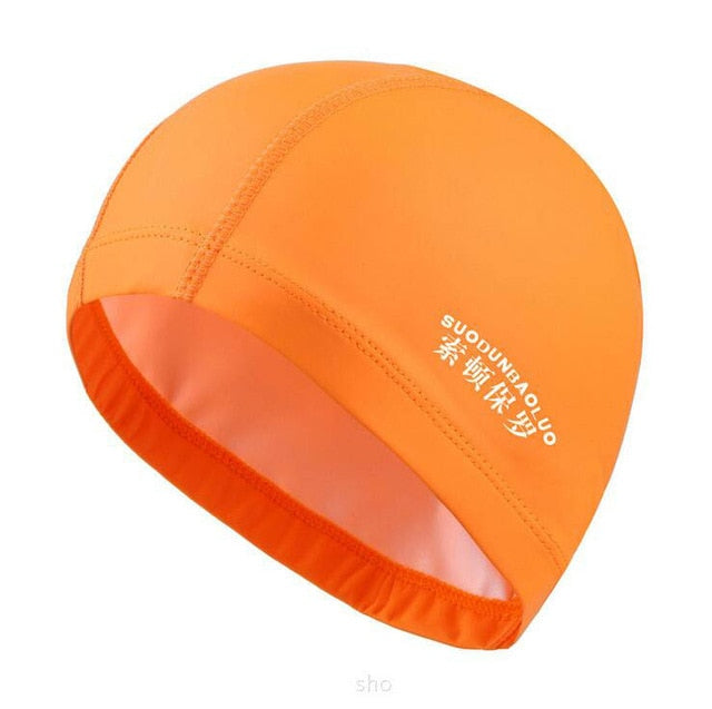 elastic waterproof pu fabric protect ears long hair sports swim pool hat orange
