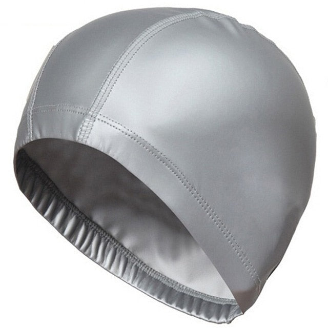 elastic waterproof pu fabric protect ears long hair sports swim pool hat solid light gray