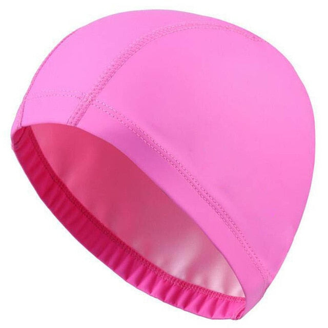 elastic waterproof pu fabric protect ears long hair sports swim pool hat solid hot pink
