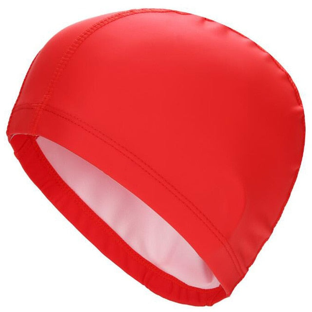 elastic waterproof pu fabric protect ears long hair sports swim pool hat solid red