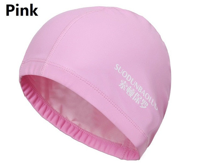 elastic waterproof pu fabric protect ears long hair sports swim pool hat pink