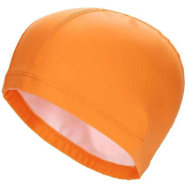 elastic waterproof pu fabric protect ears long hair sports swim pool hat solid orange