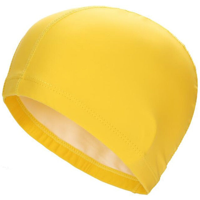 elastic waterproof pu fabric protect ears long hair sports swim pool hat solid yellow