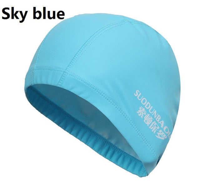 elastic waterproof pu fabric protect ears long hair sports swim pool hat sky blue