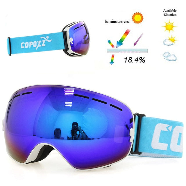unisex copozz brand ski goggles double layers uv400 anti-fog frame white