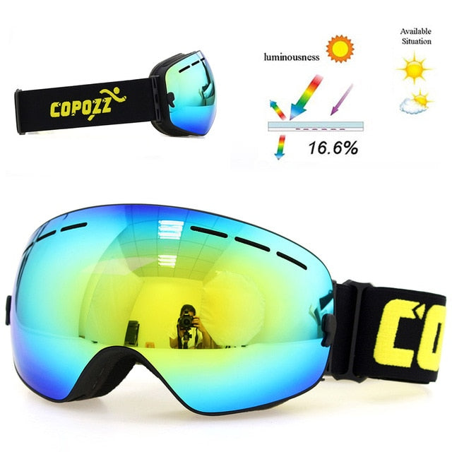 unisex copozz brand ski goggles double layers uv400 anti-fog frame black