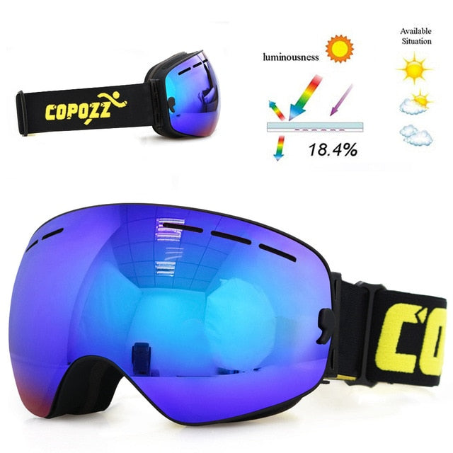 unisex copozz brand ski goggles double layers uv400 anti-fog blue lens black fram