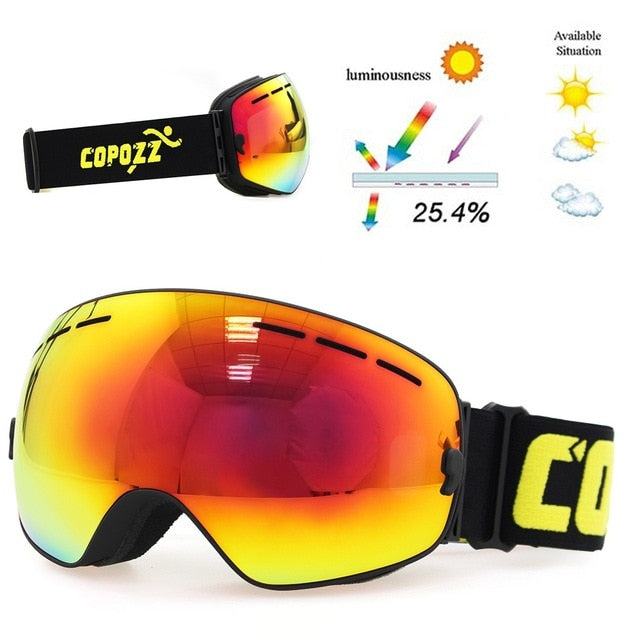 unisex copozz brand ski goggles double layers uv400 anti-fog black frame red lens