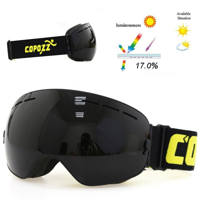 unisex copozz brand ski goggles double layers uv400 anti-fog all black
