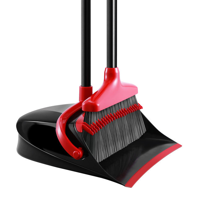 broom and dustpan set upright standing dust pan red