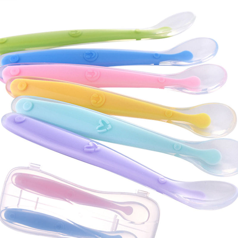 hot sale baby soft silicone spoon candy color temperature sensing spoon