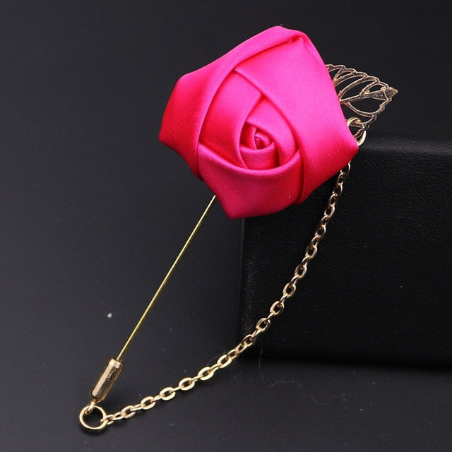 men's suits gold color leaves roses lapel pin brooch fuchsia